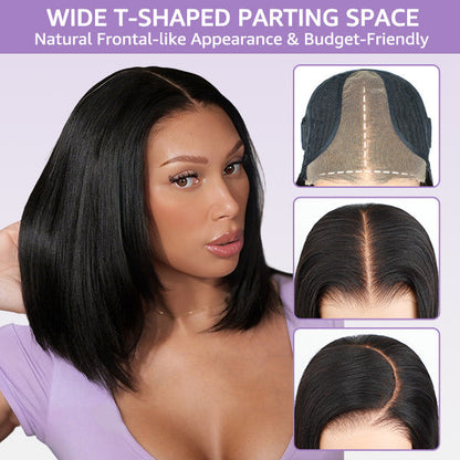 Glueless Layered Cut Yaki Straight Wear Go Wig Pre-Cut 9x6 T Part Lace Bob Wig With Elastic Drawstring
