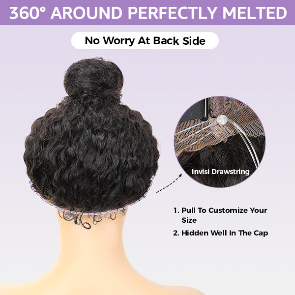 Kinky Curly Invisi-Drawstring Pre-Cut 360 Lace Glueless Wig With Bleached Knots Pre-Plucked Hairline