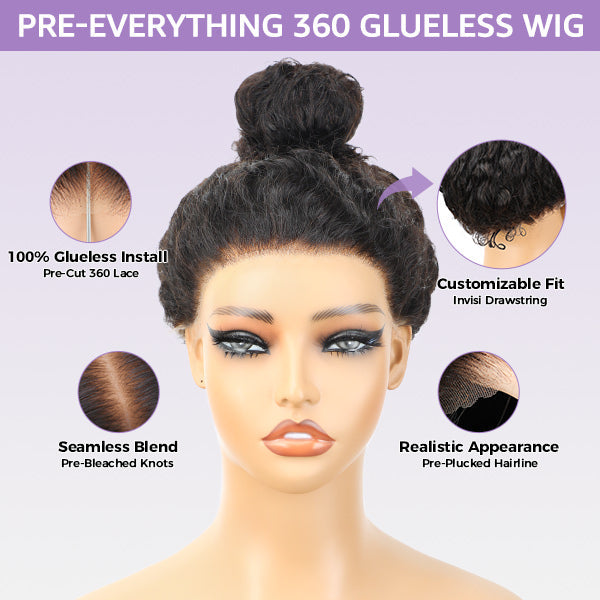 Kinky Curly Invisi-Drawstring Pre-Cut 360 Lace Glueless Wig With Bleached Knots Pre-Plucked Hairline