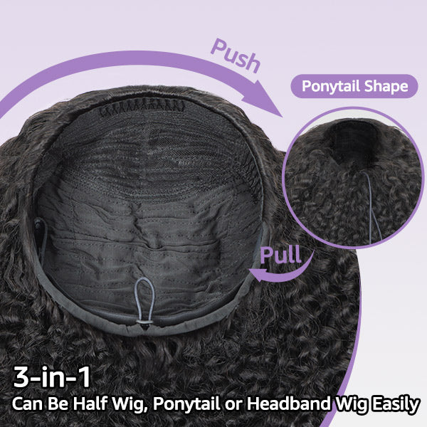 3 In 1 Half Wig | Burmese Curly Glueless Wear Go Half Wig With Elastic Drawstring Seamless Flip Over Wig