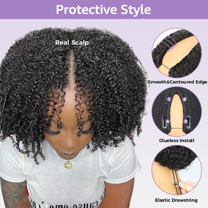 Afro Curly V Part Wig No Leave Out Thin Part Glueless Wigs Human Hair Wig