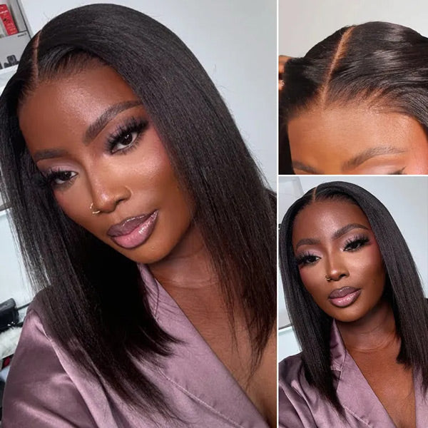 Glueless Layered Cut Yaki Straight Wear Go Wig Pre-Cut 9x6 T Part Lace Bob Wig With Elastic Drawstring